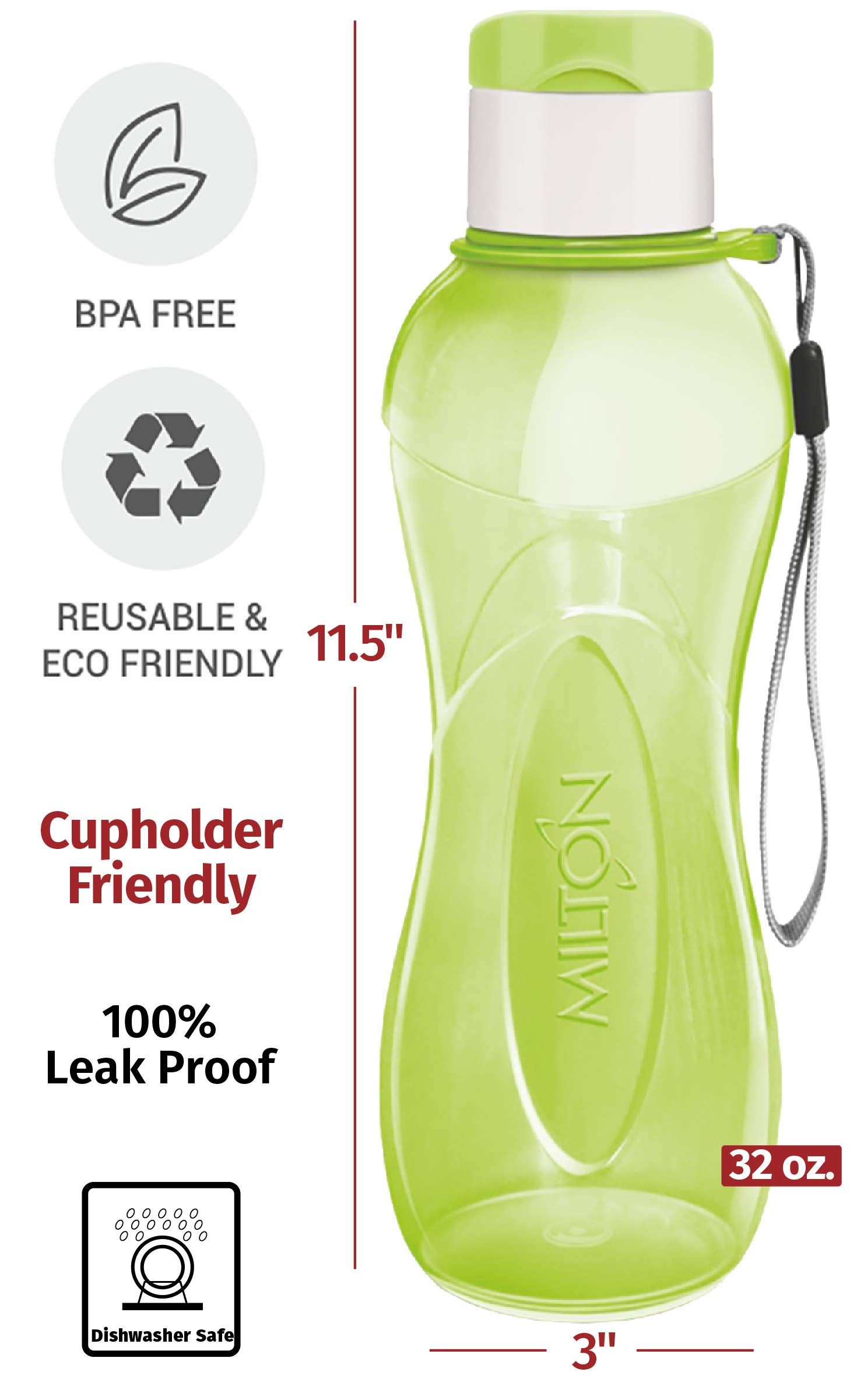 Milton 32 Oz. Large Water Bottle 4 Set Sports Water Bottles For Kids Adults Reusable Water Bottle Plastic Wide-Mouth Bpa Free Le